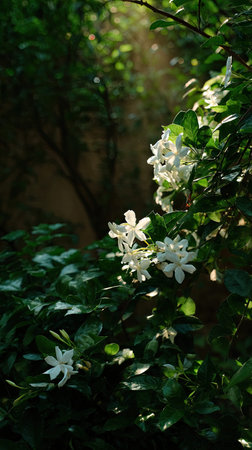 The Jasmine in summer, Bright sunlight pierces dense foliage, the air feels hot, natural.