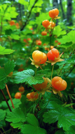 The Cloudberry in summer, Bright sunlight pierces dense foliage, the air feels hot, natural.