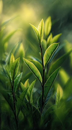 The Tea tree in spring, fresh green leaves, soft sunlight filtering, vibrant atmosphere full of vitality, natural textures, serene mood P.の写真素材
