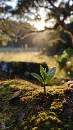 Photo of a young Kauri growing on moss at sunrise, symbolizing hope and new beginnings.