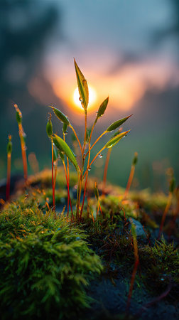 Photo of a young Job s tears growing on moss at sunrise, symbolizing hope and new beginnings.の写真素材