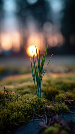 Photo of a young Wheat growing on moss at sunrise, symbolizing hope and new beginnings.の写真素材