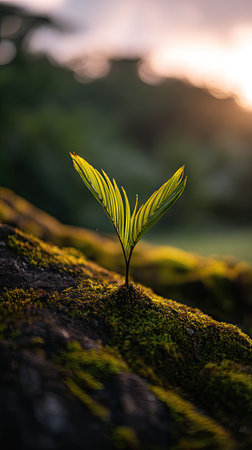 Photo of a young Rattan palm growing on moss at sunrise, symbolizing hope and new beginnings.の写真素材
