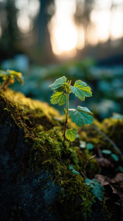 Photo of a young Hops growing on moss at sunrise, symbolizing hope and new beginnings.