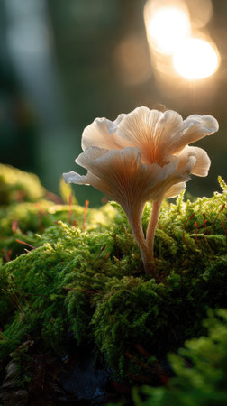 Photo of a young Oyster mushroom growing on moss at sunrise, symbolizing hope and new beginnings.