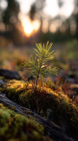 Photo of a young Ponderosa pine growing on moss at sunrise, symbolizing hope and new beginnings.