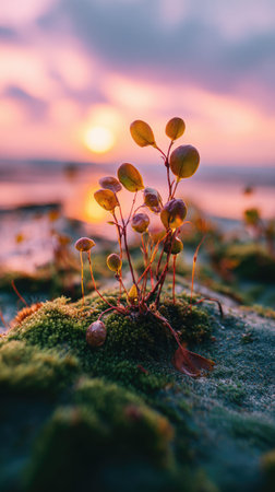 Photo of a young Sea grapes growing on moss at sunrise, symbolizing hope and new beginnings.