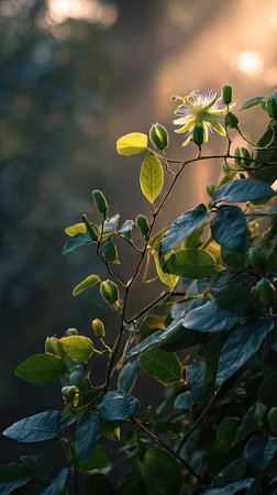 The Passionflower at dawn, soft golden sunlight kissing leaves, clean air, natural color tone.