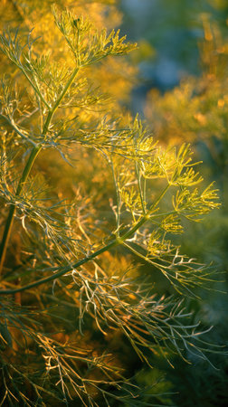 The Dill at dawn, soft golden sunlight kissing leaves, clean air, natural color tone.の写真素材