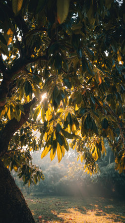 The Jackfruit tree at dawn, soft golden sunlight kissing leaves, clean air, natural color tone.