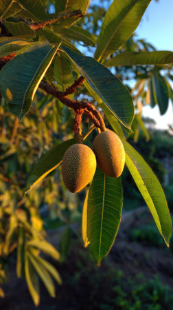 The Mamey sapote at dawn, soft golden sunlight kissing leaves, clean air, natural color tone.