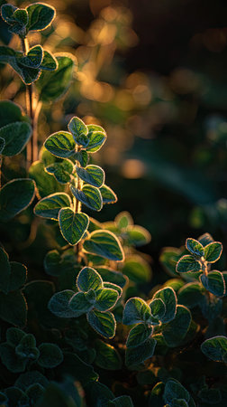 The Oregano at dawn, soft golden sunlight kissing leaves, clean air, natural color tone.