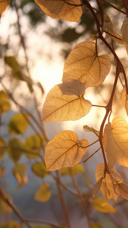 The Bitter leaf at dawn, soft golden sunlight kissing leaves, clean air, natural color tone.の写真素材