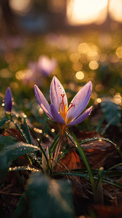 The Saffron crocus at dawn, soft golden sunlight kissing leaves, clean air, natural color tone.