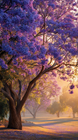 The Jacaranda at dawn, soft golden sunlight kissing leaves, clean air, natural color tone.