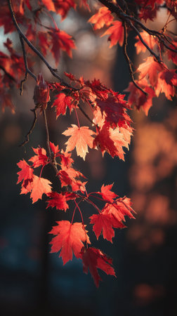 The Red maple at dawn, soft golden sunlight kissing leaves, clean air, natural color tone.