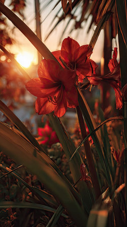 The Amaryllis at sunset, Golden red sunset light filters through the leaves, still atmosphere, warm...
