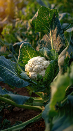 The Cauliflower at sunset, Golden red sunset light filters through the leaves, still atmosphere,...