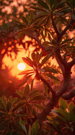 The Adenium at sunset, Golden red sunset light filters through the leaves, still atmosphere, warm...