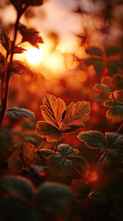 Golden red sunset light filters through the leaves, still atmosphere, warm orange glow blending with...