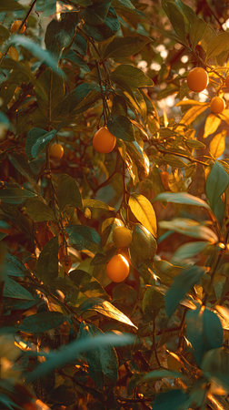 The Calamansi at sunset, Golden red sunset light filters through the leaves, still atmosphere, warm...