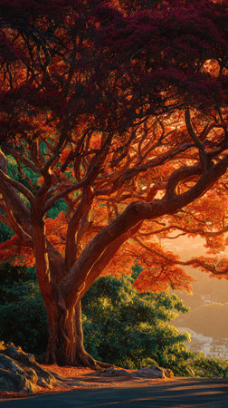 The Coral tree at sunset, Golden red sunset light filters through the leaves, still atmosphere, warm orange glow blending with natural greenの写真素材