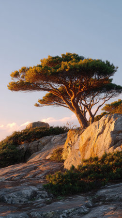 The Stone pine at dawn, soft golden sunlight kissing leaves, clean air, natural color tone.