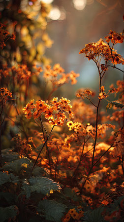 The Cineraria at sunset, Golden red sunset light filters through the leaves, still atmosphere, warm orange glow blending with natural greenの写真素材
