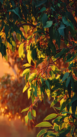 The Lemon scented gum at sunset, Golden red sunset light filters through the leaves, still...