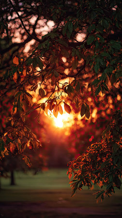 The Elm at sunset, Golden red sunset light filters through the leaves, still atmosphere, warm orange...