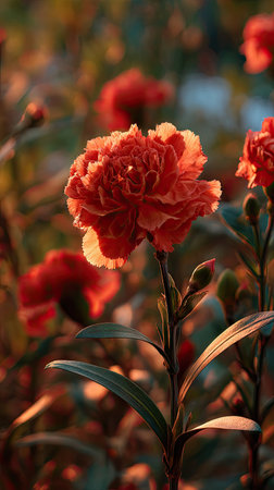 Golden red sunset light filters through the leaves, still atmosphere, warm orange glow blending with natural greenの写真素材