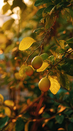 The Desert lime at sunset, Golden red sunset light filters through the leaves, still atmosphere, warm orange glow blending with natural greenの写真素材