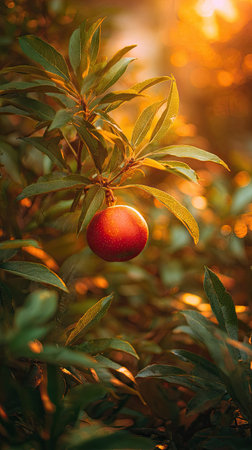 The Mountain apple at sunset, Golden red sunset light filters through the leaves, still atmosphere,...
