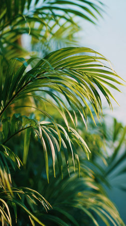 A wide shot of Bamboo palm swaying gently in the wind, realistic photography style, bright and vivid...