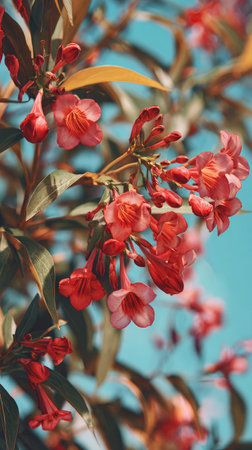A wide shot of Bouvardia swaying gently in the wind, realistic photography style, bright and vivid colors, natural lighting.の写真素材