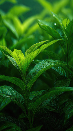 A wide shot of Bitter leaf swaying gently in the wind, realistic photography style, bright and vivid...