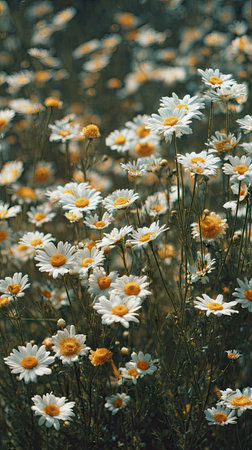A wide shot of Chamomile swaying gently in the wind, realistic photography style, bright and vivid...