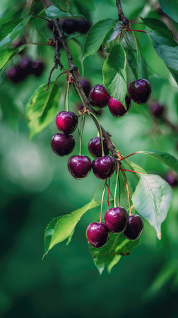 A wide shot of Black cherry swaying gently in the wind, realistic photography style, bright and...