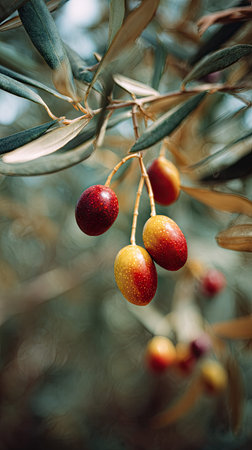 A wide shot of Olive swaying gently in the wind, realistic photography style, bright and vivid colors, natural lighting.の写真素材