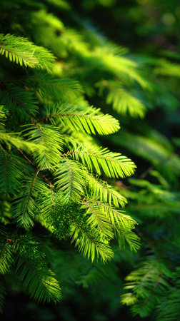 A wide shot of Dawn redwood swaying gently in the wind, realistic photography style, bright and...