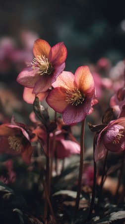 A wide shot of Hellebore swaying gently in the wind, realistic photography style, bright and vivid...