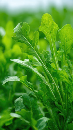 A wide shot of Arugula swaying gently in the wind, realistic photography style, bright and vivid colors, natural lighting.の写真素材