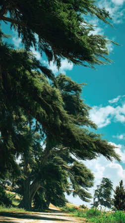 A wide shot of Deodar cedar swaying gently in the wind, realistic photography style, bright and...
