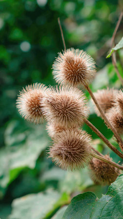 A wide shot of Burdock root swaying gently in the wind, realistic photography style, bright and...