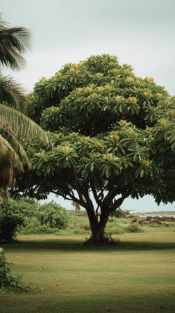 A wide shot of Breadfruit tree swaying gently in the wind, realistic photography style, bright and...
