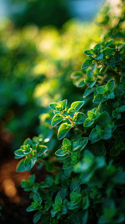 A wide shot of Marjoram swaying gently in the wind, realistic photography style, bright and vivid...