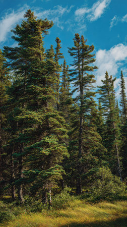 A wide shot of Black spruce swaying gently in the wind, realistic photography style, bright and...