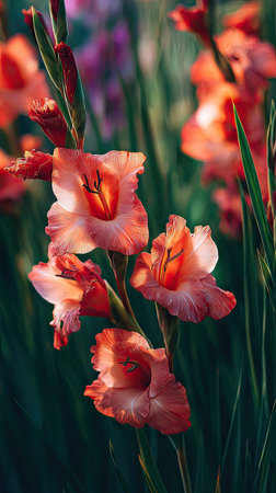 A wide shot of Gladiolus swaying gently in the wind, realistic photography style, bright and vivid...