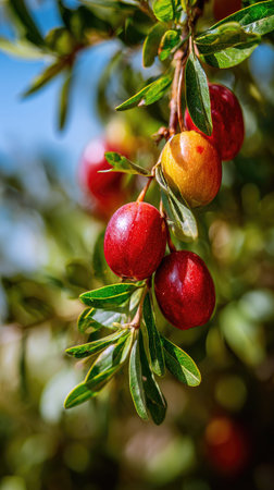 A wide shot of Jujube swaying gently in the wind, realistic photography style, bright and vivid...