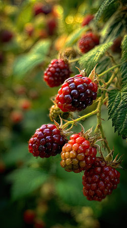 A wide shot of raspberries swaying gently in the wind, realistic photography style, bright and vivid...